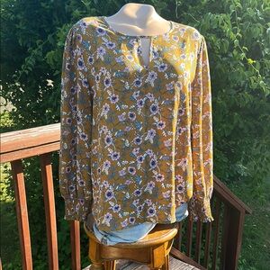 Pleione Floral Blouse with Ribbed Cuffs - Semi Sheer